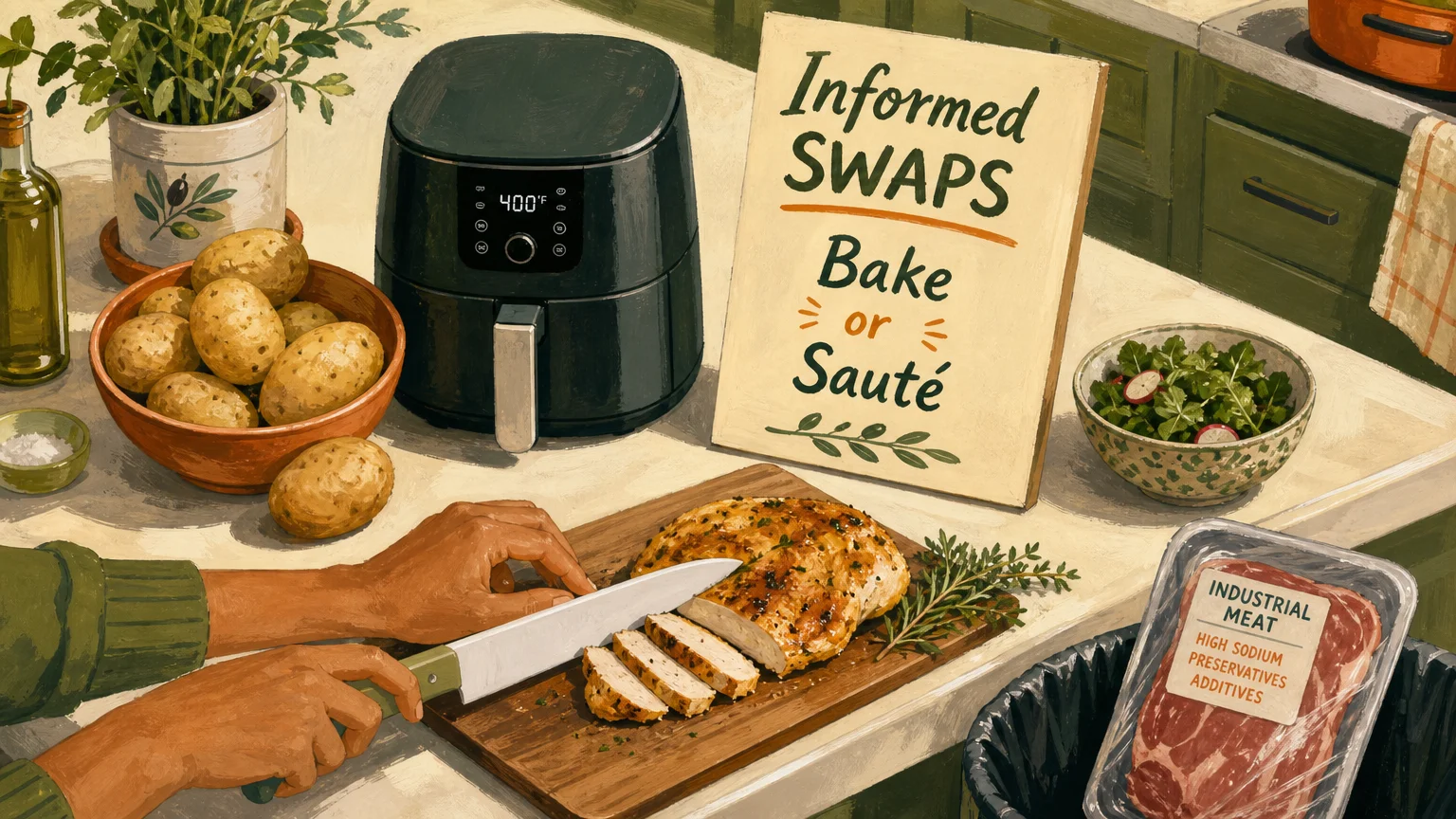 An illustration showing healthy cooking swaps like air-frying and fresh roasting instead of processed alternatives.