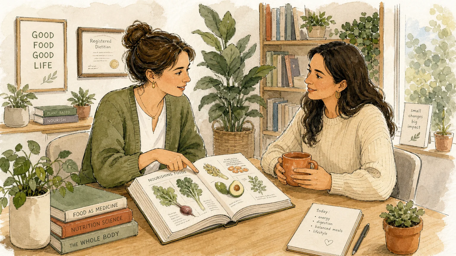 An ink and watercolor illustration of a dietitian and a client discussing nutrition over a wooden table in a cozy, plant-filled office.