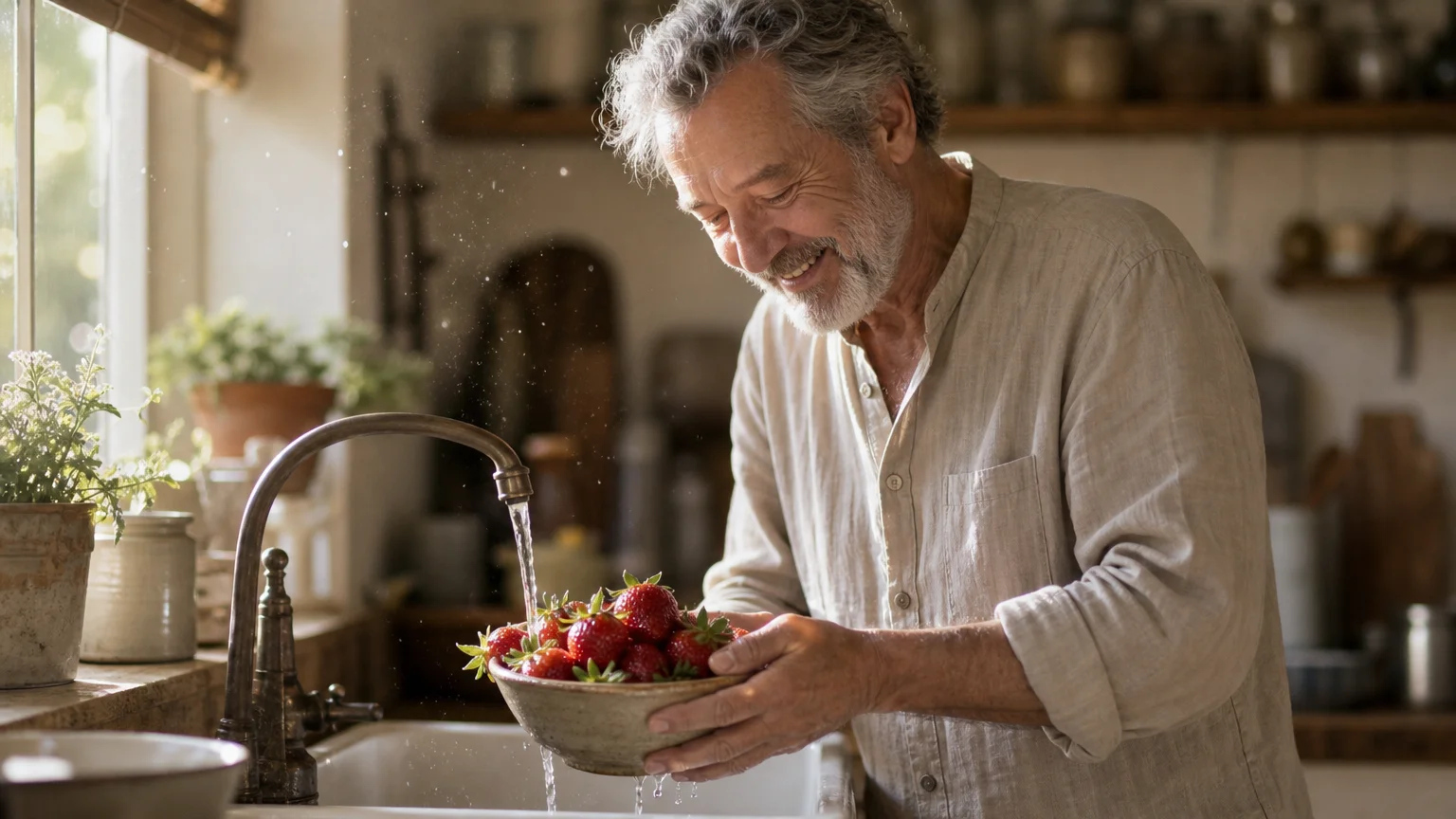An older man in a linen shirt smiles warmly as he washes fresh strawberries in his cozy, sunlit kitchen.