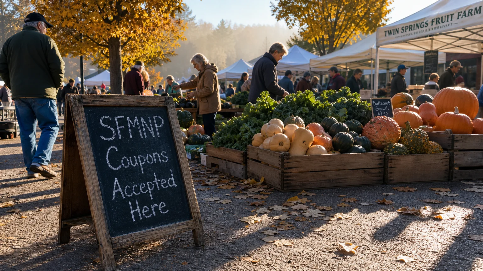 An outdoor farmers' market scene on a crisp morning, featuring a wooden chalkboard sign that reads 'SFMNP Coupons Accepted Here'.