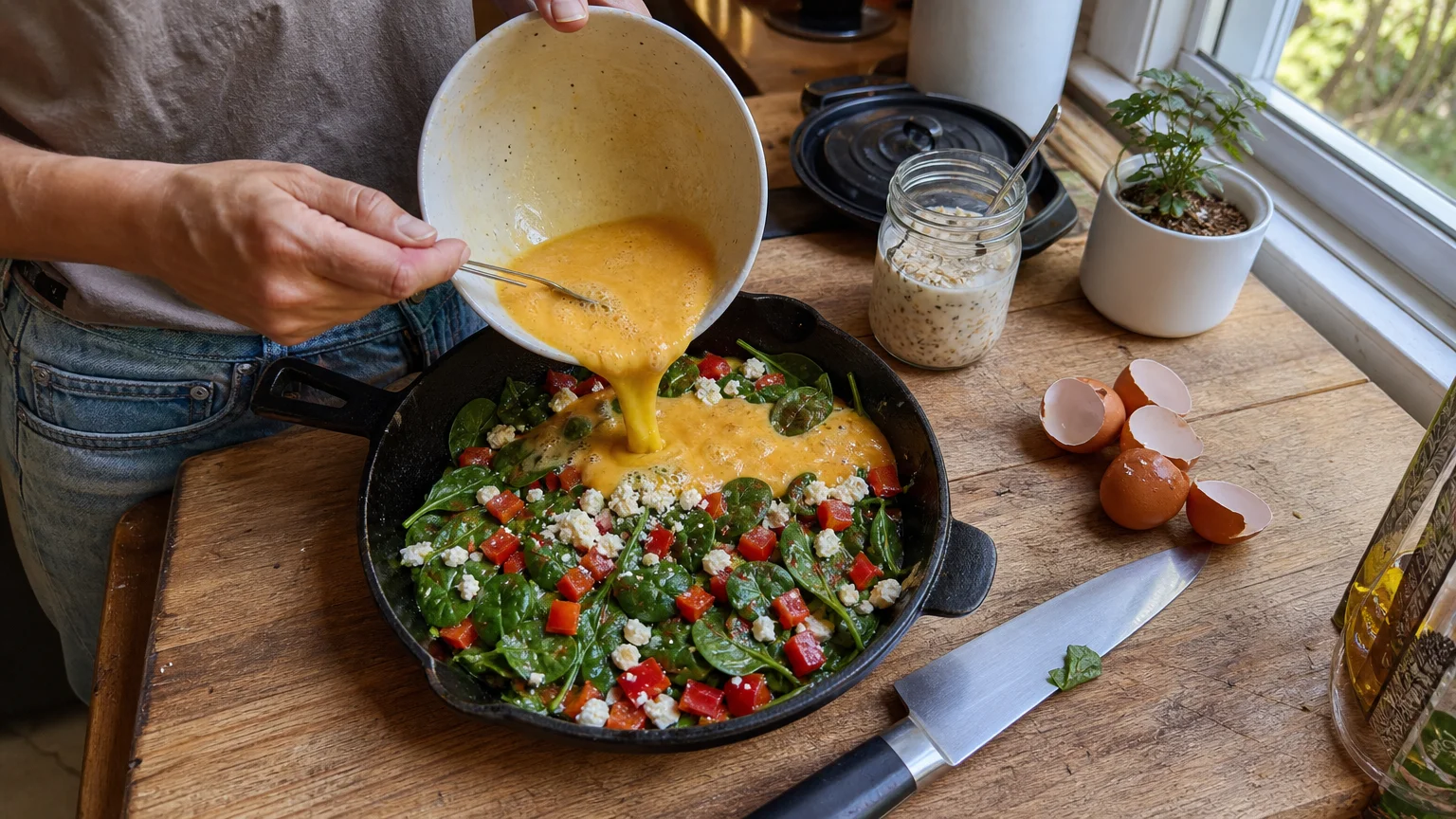 An overhead photo of hands pouring whisked eggs into a skillet filled with fresh spinach and peppers during weekend meal prep.