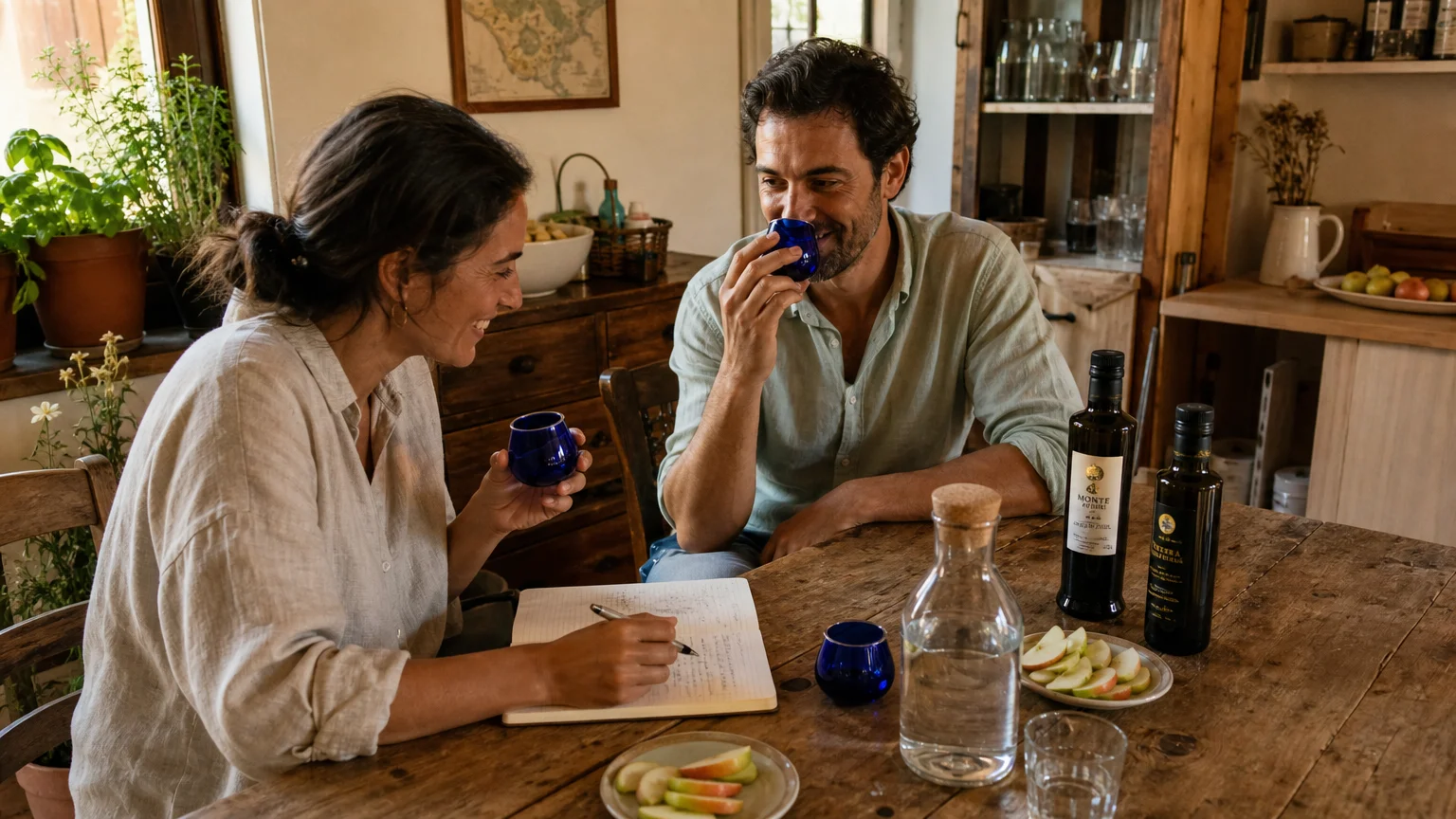 Candid snapshot of two people doing a sensory olive oil tasting at a wooden kitchen table with blue tasting cups and notebooks.