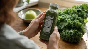 Close-up of hands turning a green smoothie bottle to read the nutrition label in a sunlit kitchen, surrounded by fresh kale and apples.