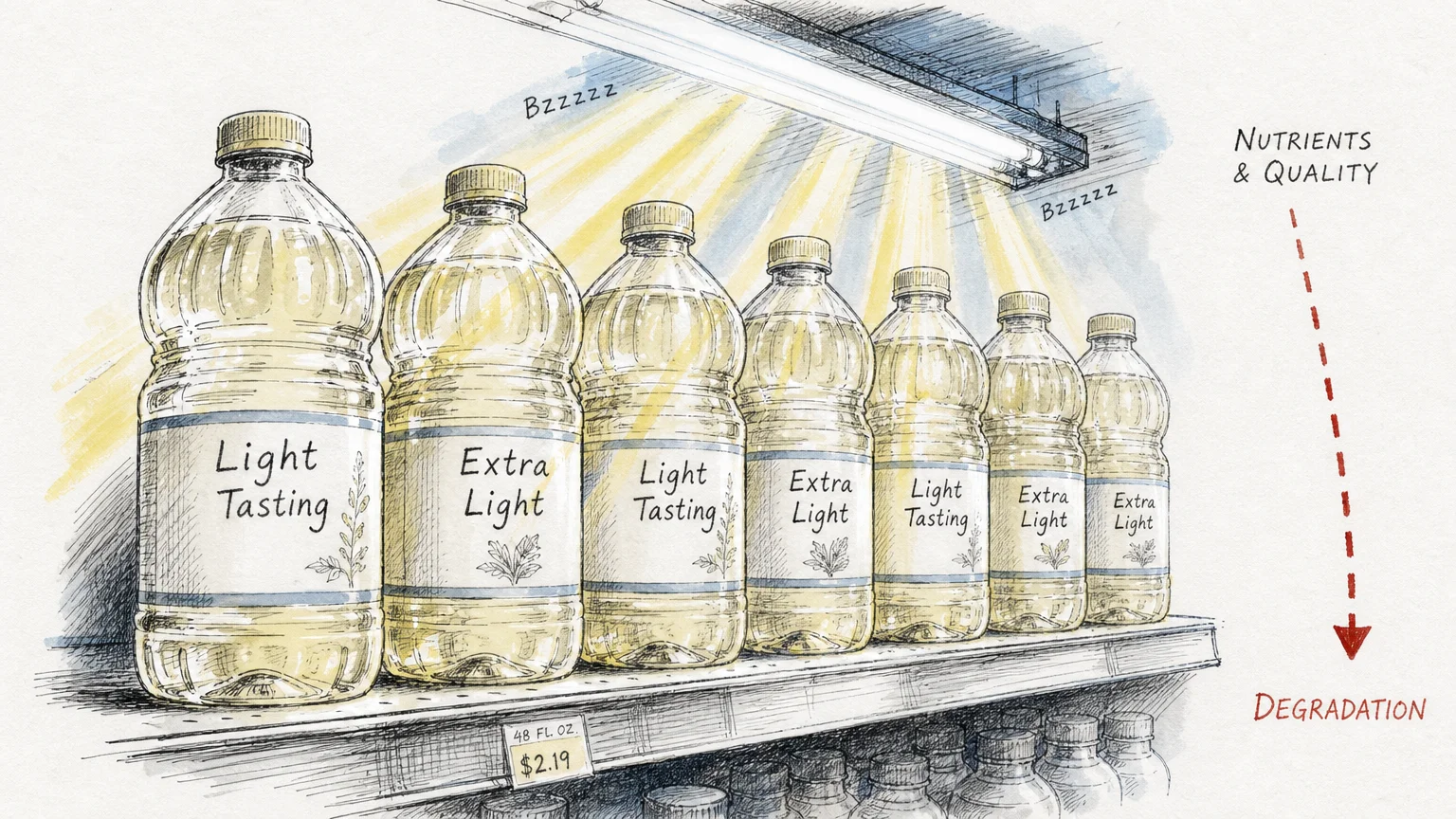 Editorial watercolor illustration of cheap clear plastic olive oil bottles on a grocery shelf with light rays degrading the contents.