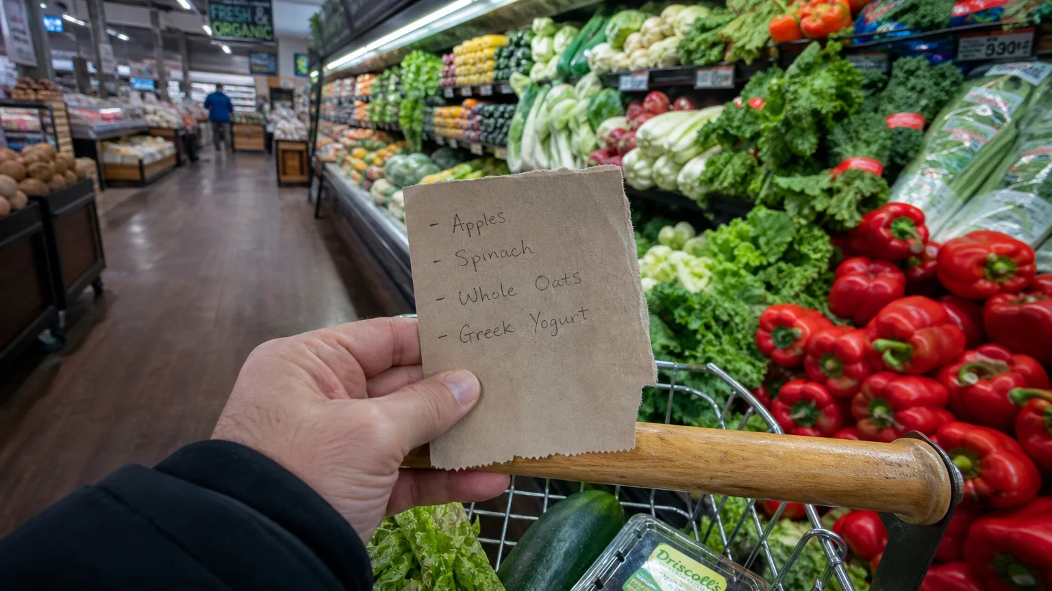 First-person view of a hand holding a handwritten grocery list on a wire basket handle in a blurred produce aisle.