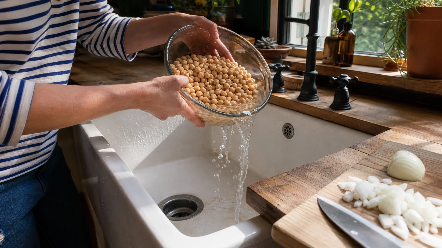 Hands draining water from a bowl of soaking chickpeas over a kitchen sink, showing traditional prep methods to reduce gas.