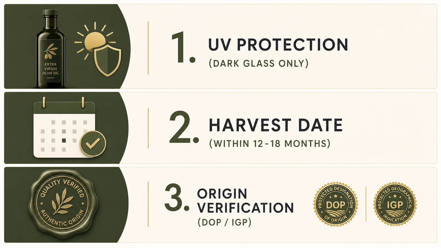 Infographic showing three pillars of olive oil selection: dark glass protection, recent harvest date, and origin verification seals.