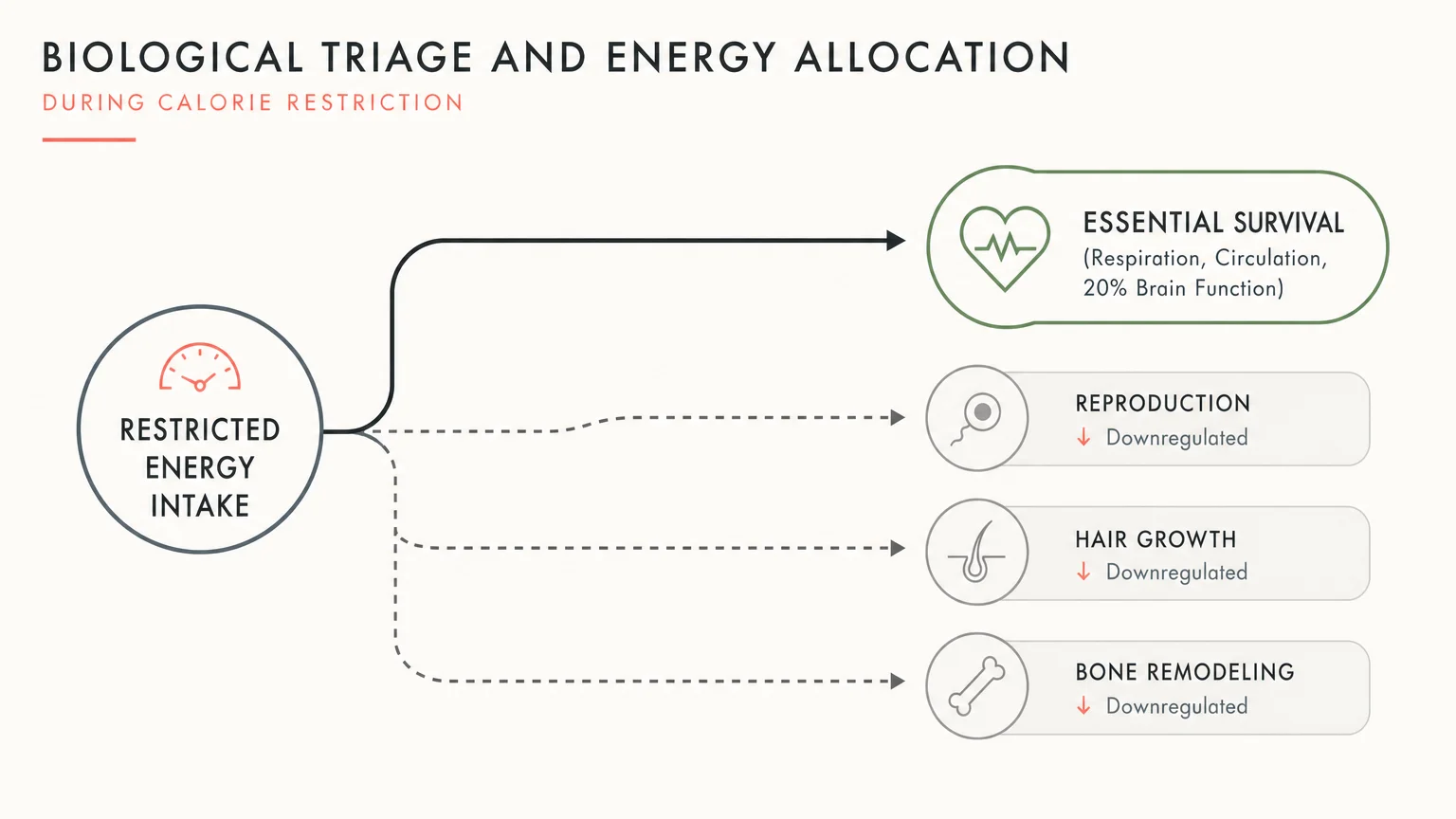 Minimalist flow diagram illustrating how a calorie-deficient body prioritizes essential survival over hair growth and reproduction.