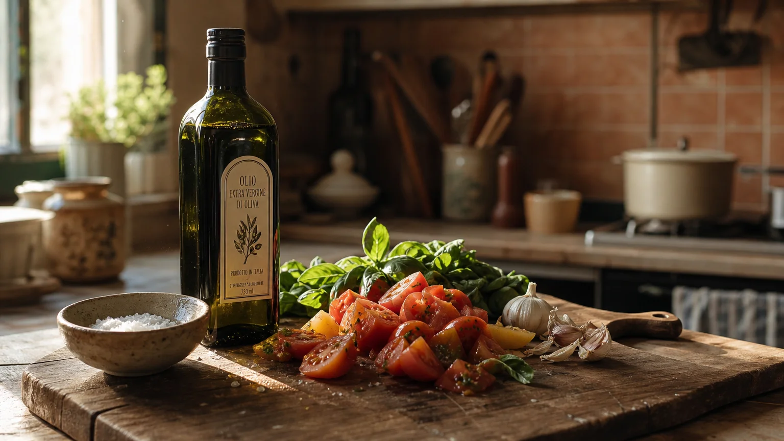 Olive oil bottle beside fresh chopped tomatoes, garlic, and basil on a rustic wooden cutting board in a sunlit home kitchen.