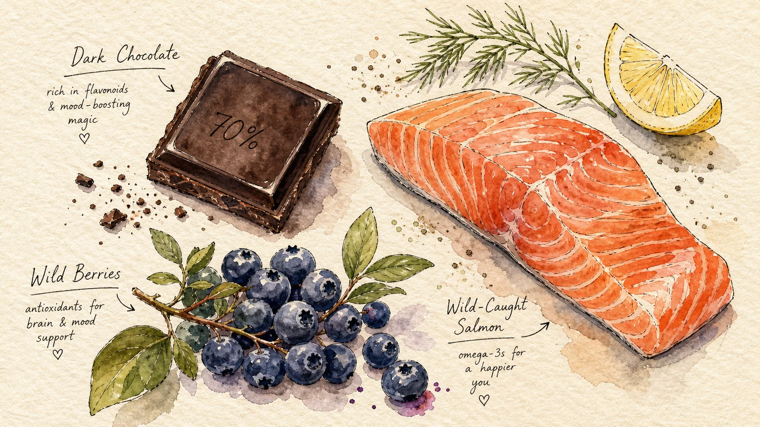 Watercolor and ink illustration of a slice of fresh salmon, dark chocolate, and blue berries on a warm textured cream paper background.