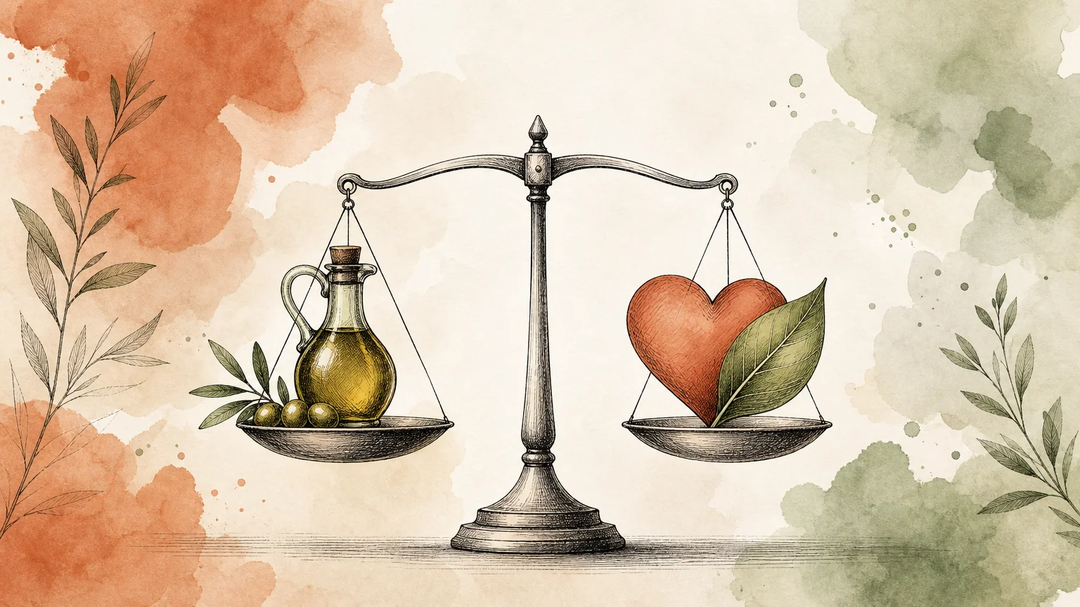 Watercolor illustration of a balance scale holding an olive oil cruet and a heart-leaf symbol, representing dietary personalization.