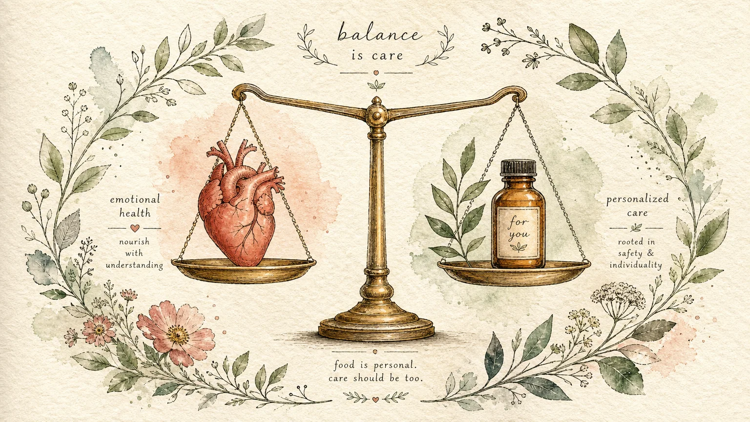 Watercolor illustration of a balanced brass scale holding a red heart on one side and a leaf and bottle on the other, wrapped in leaves.