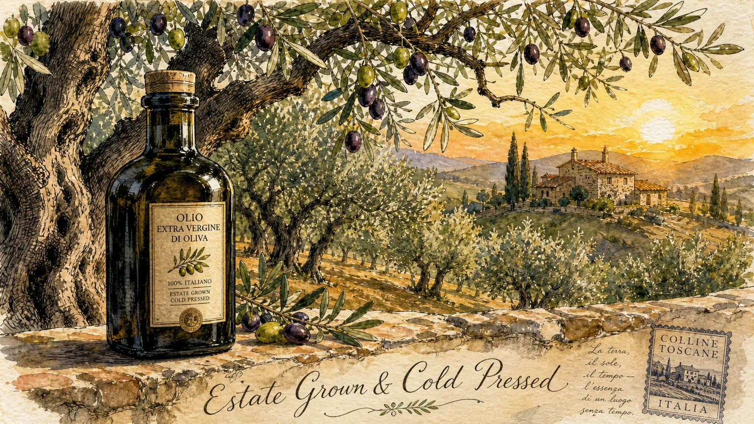 Watercolor illustration of an ancient olive grove at sunset with a premium dark glass bottle sitting on a stone wall.