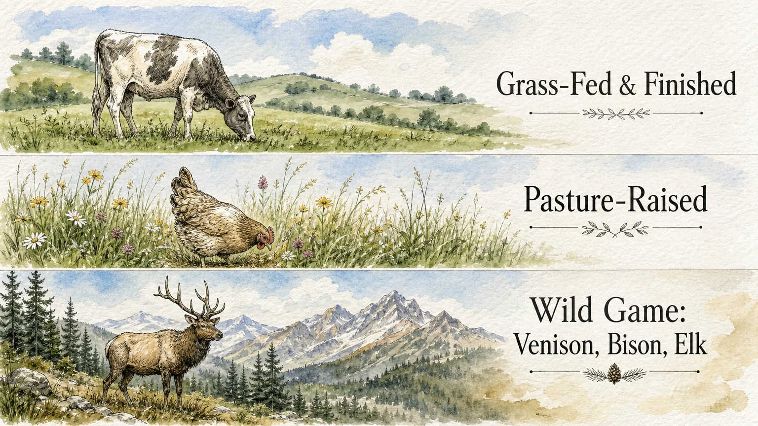 Watercolor illustrations of a cow in a pasture, a chicken foraging, and an elk in the woods, highlighting natural sourcing strategies.