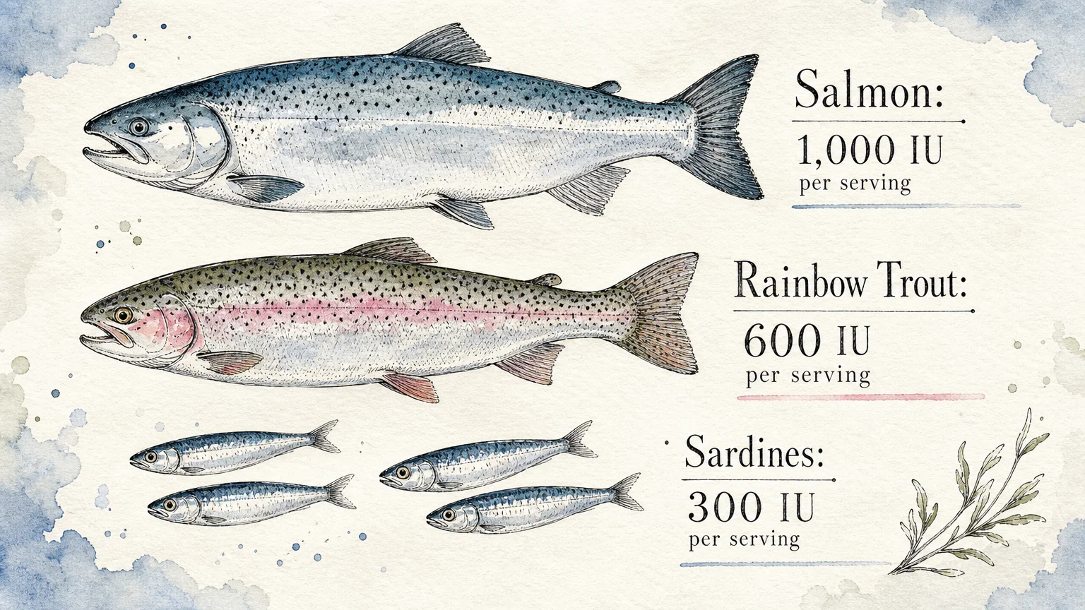 Watercolor illustrations of salmon, trout, and sardines with their Vitamin D content labeled.