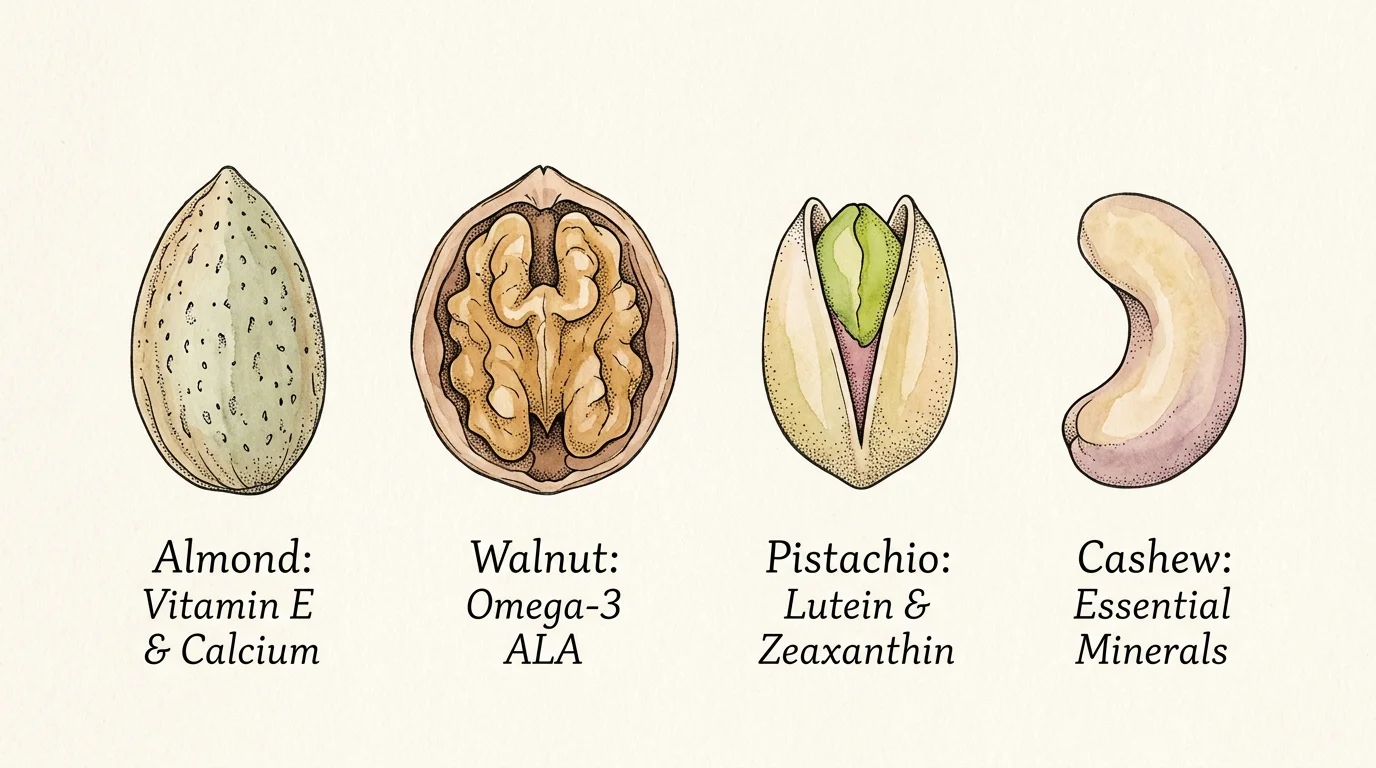 A botanical watercolor illustration displaying an almond, walnut, pistachio, and cashew with neat labels of their key nutrients.
