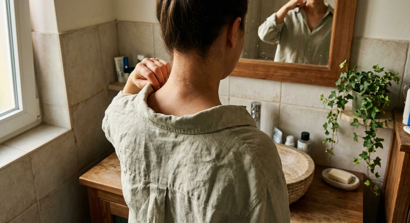 A candid photo of a person gently checking the back of their neck in a bathroom mirror with soft morning light.