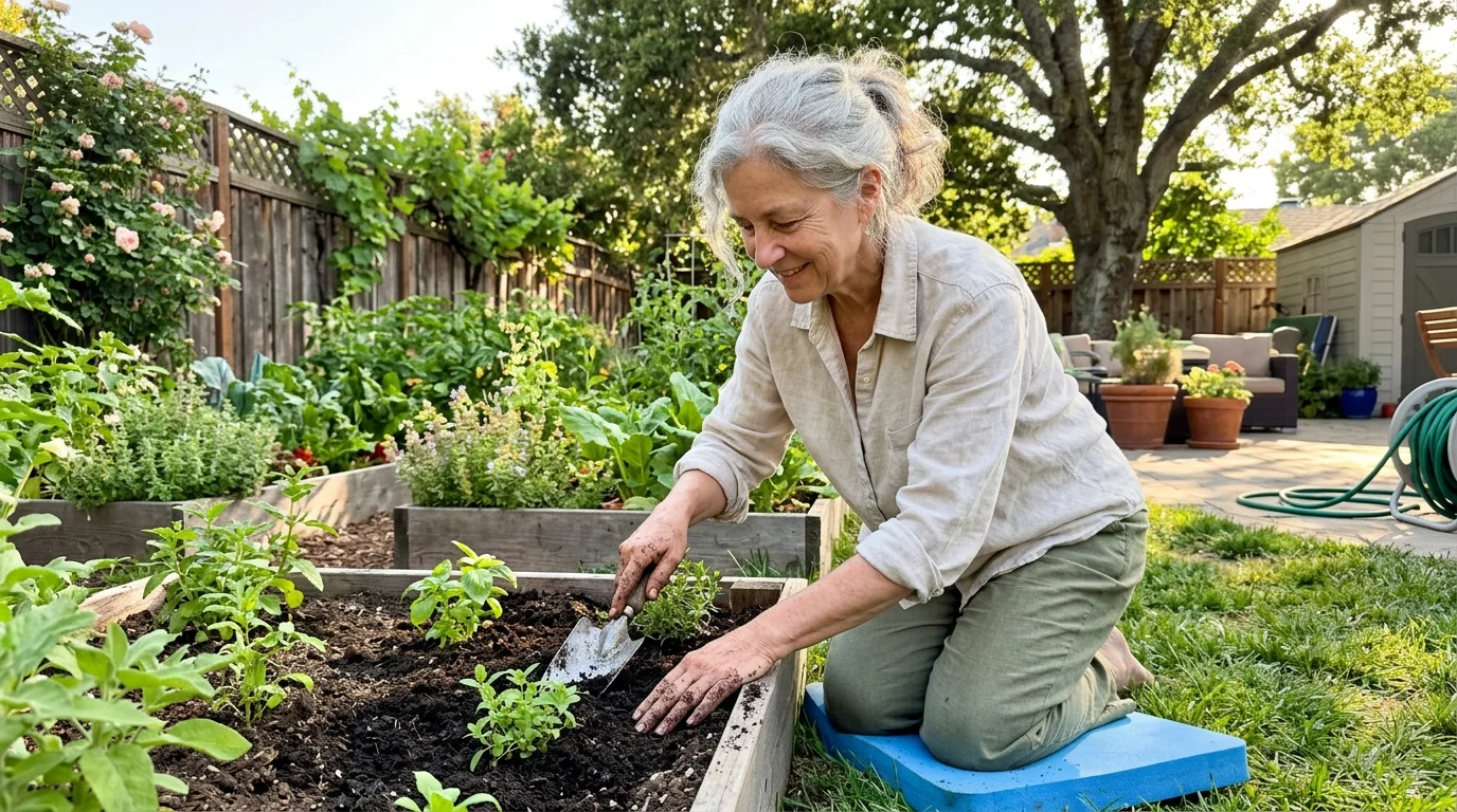 A candid snapshot of a silver-haired woman smiling as she happily plants seedlings in her sunny backyard garden.