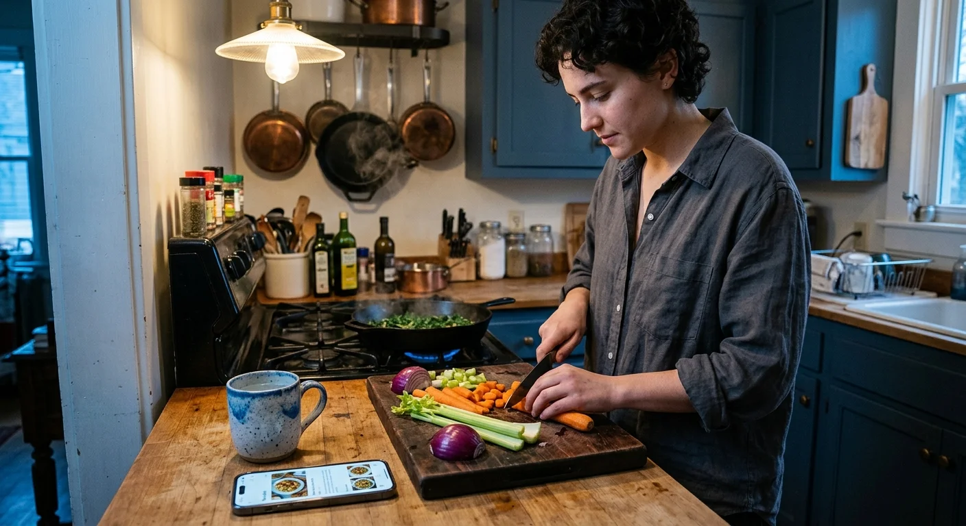 A candid, wide-angle photo of a person prepping a healthy meal in their home kitchen, showing a real-life domestic setting.