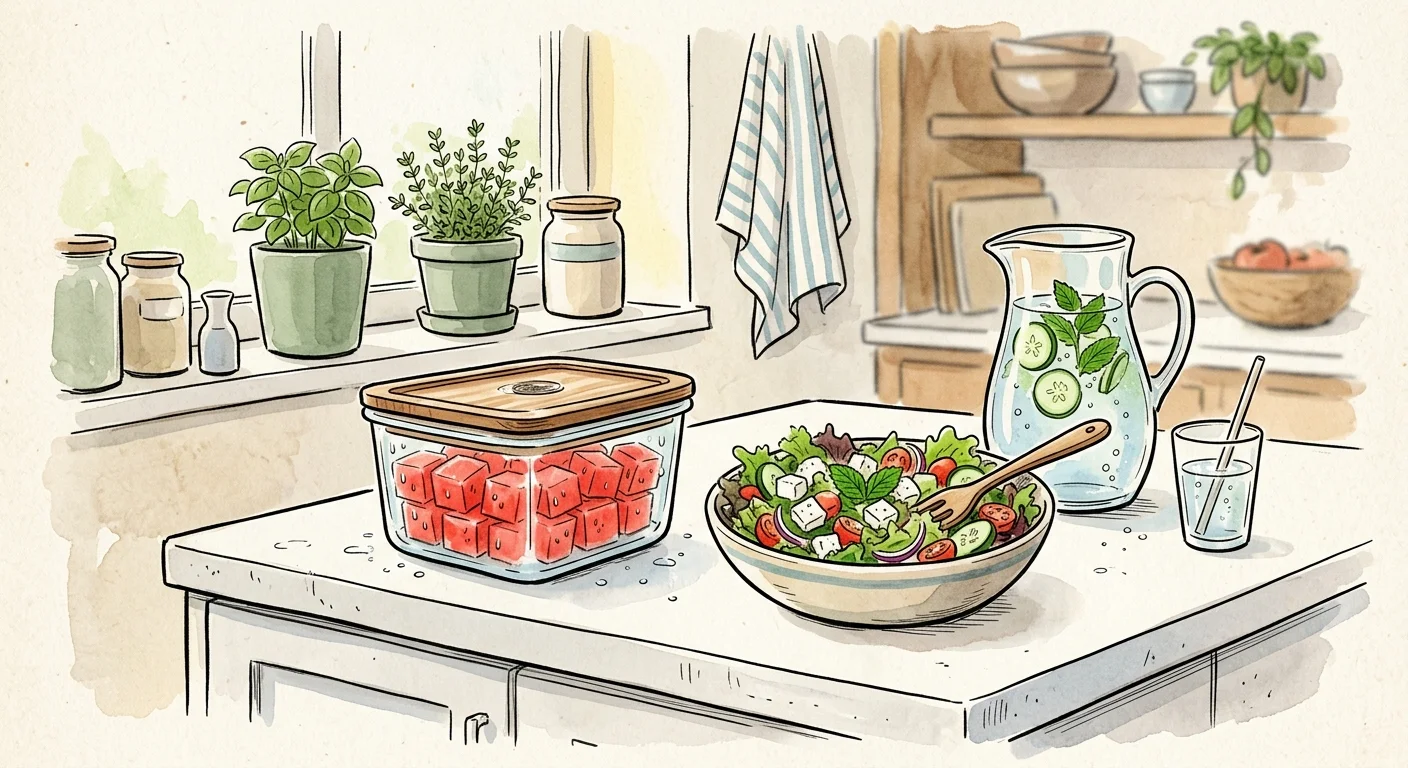 A charming watercolor illustration of prepped watermelon cubes in a glass container next to a fresh summer salad on a kitchen counter.