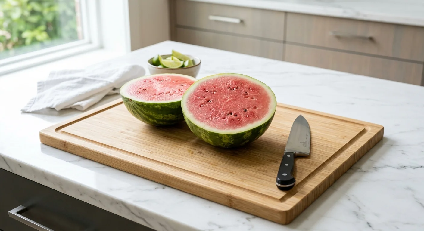 A clean bamboo cutting board with a watermelon cut in half and a chef's knife in a bright kitchen setting.