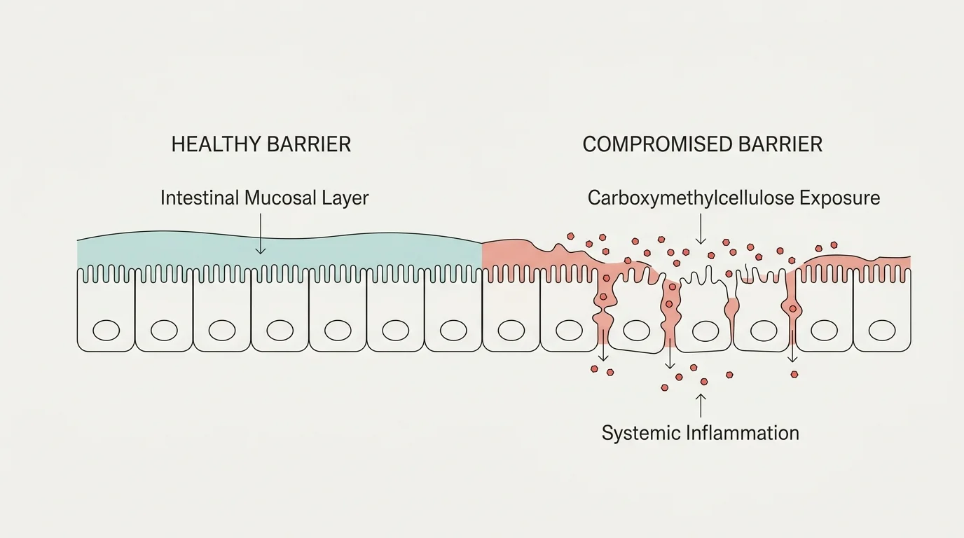 A clean, horizontal diagram illustrating how emulsifiers break down the protective gut mucosal barrier, causing leaky gut.