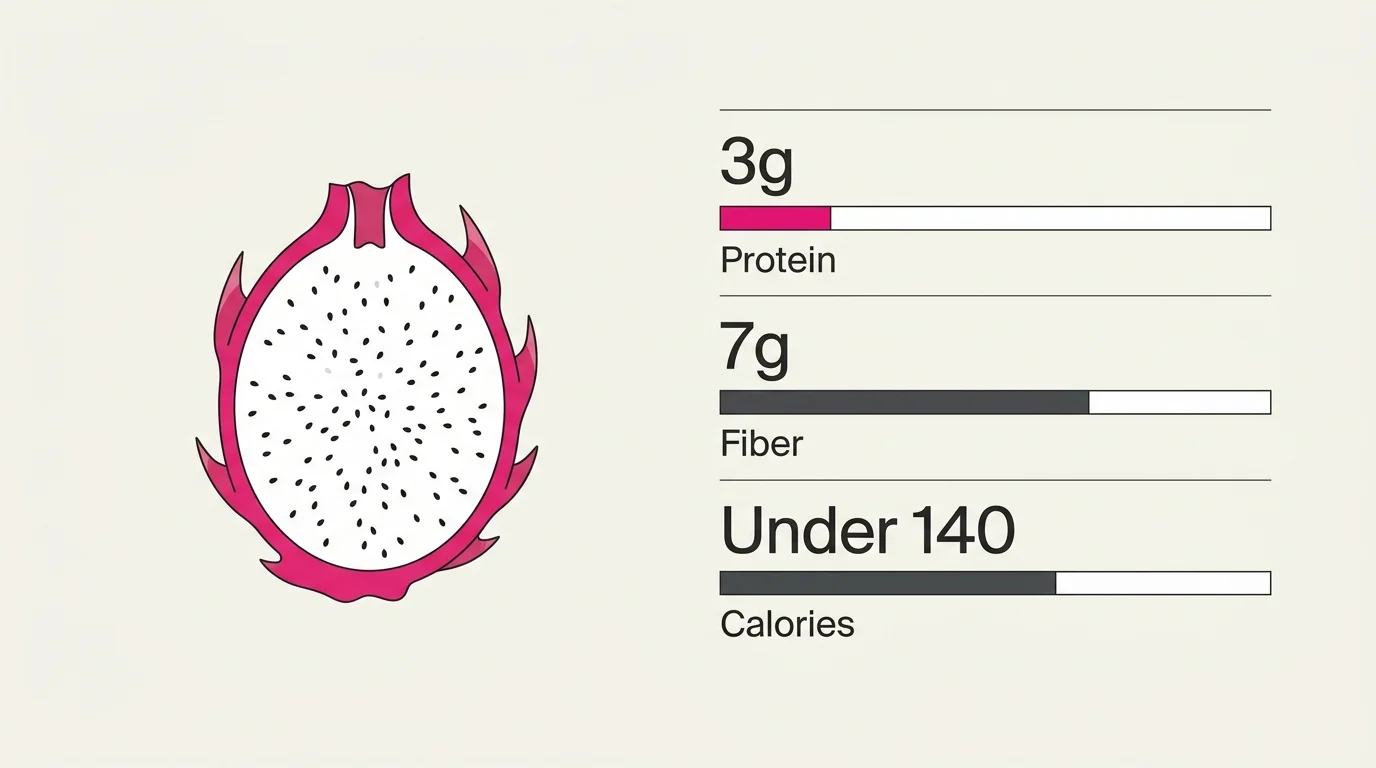 A clean, horizontal diagram showing a cross-section of a dragon fruit alongside its key macronutrient stats: 3g protein and 7g fiber.