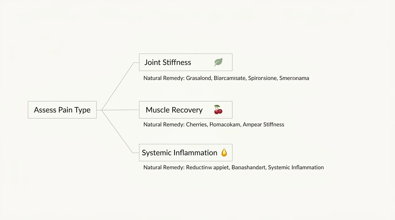 A clean, horizontal flowchart illustrating how to choose the right natural remedy based on whether pain is in joints, muscles, or systemic.