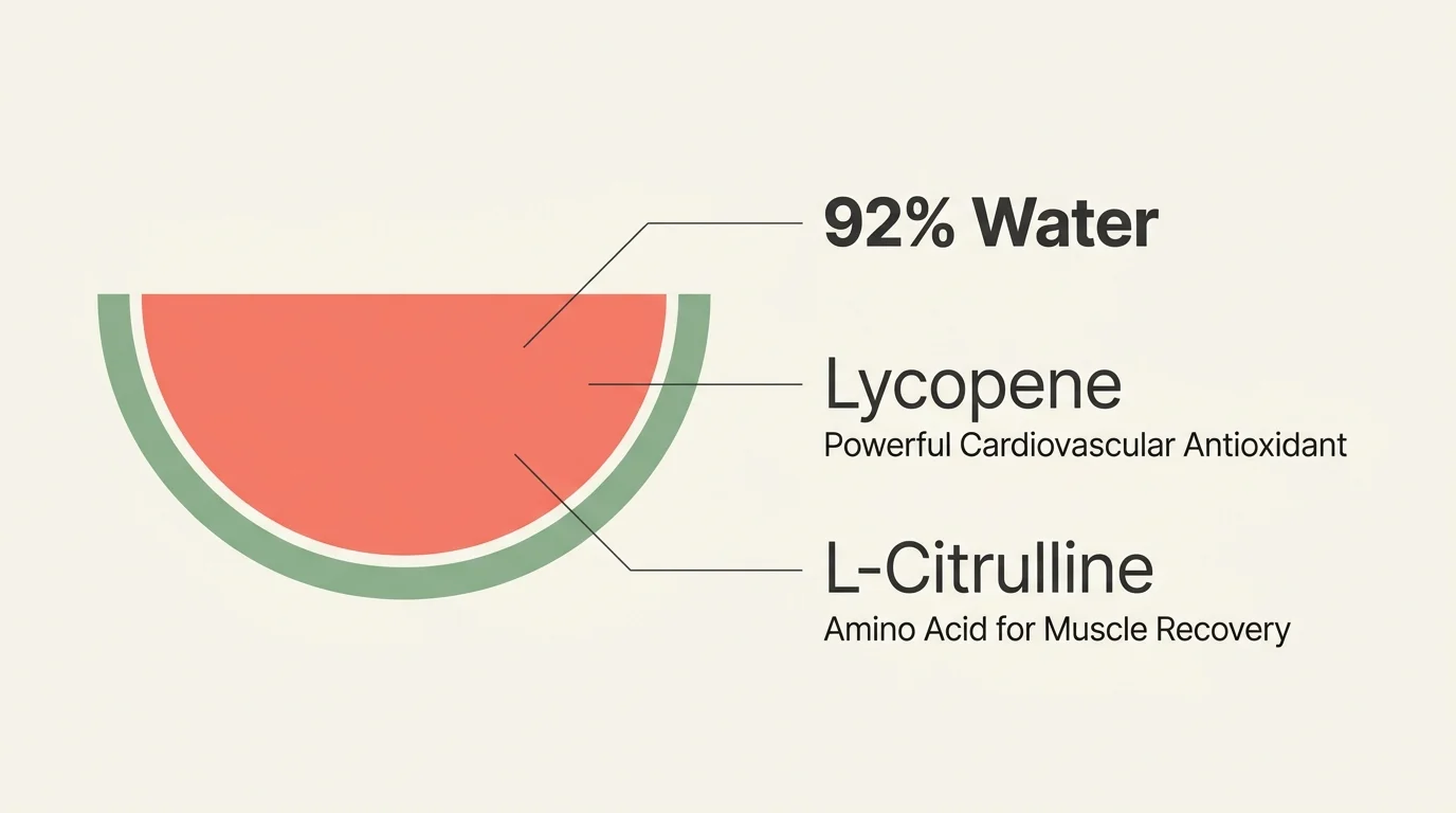 A clean infographic diagram detailing watermelon's nutritional components, including 92 percent water, lycopene, and L-citrulline.