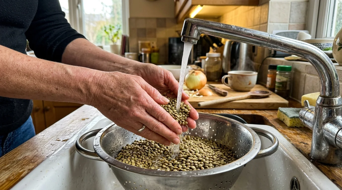 A close-up candid photo of hands rinsing dried green lentils in a metal colander under running water in a warm kitchen.