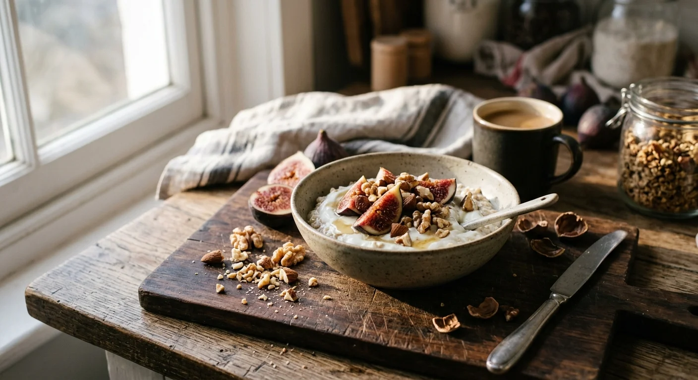 A close-up photograph of a breakfast bowl with Greek yogurt, sliced figs, and chopped walnuts on a rustic wooden cutting board in morning li