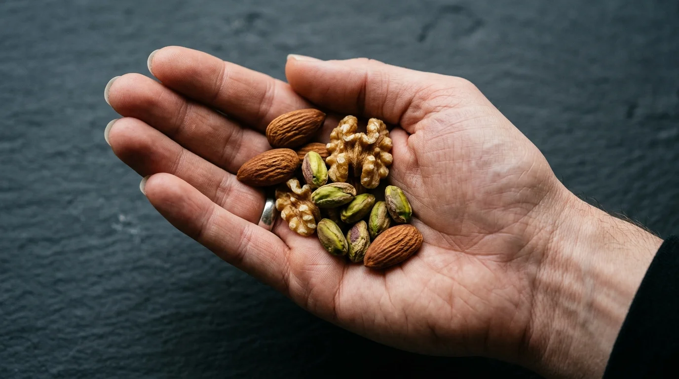 A close-up photograph of a natural human hand holding a single, precise one-ounce portion of mixed almonds, walnuts, and pistachios.