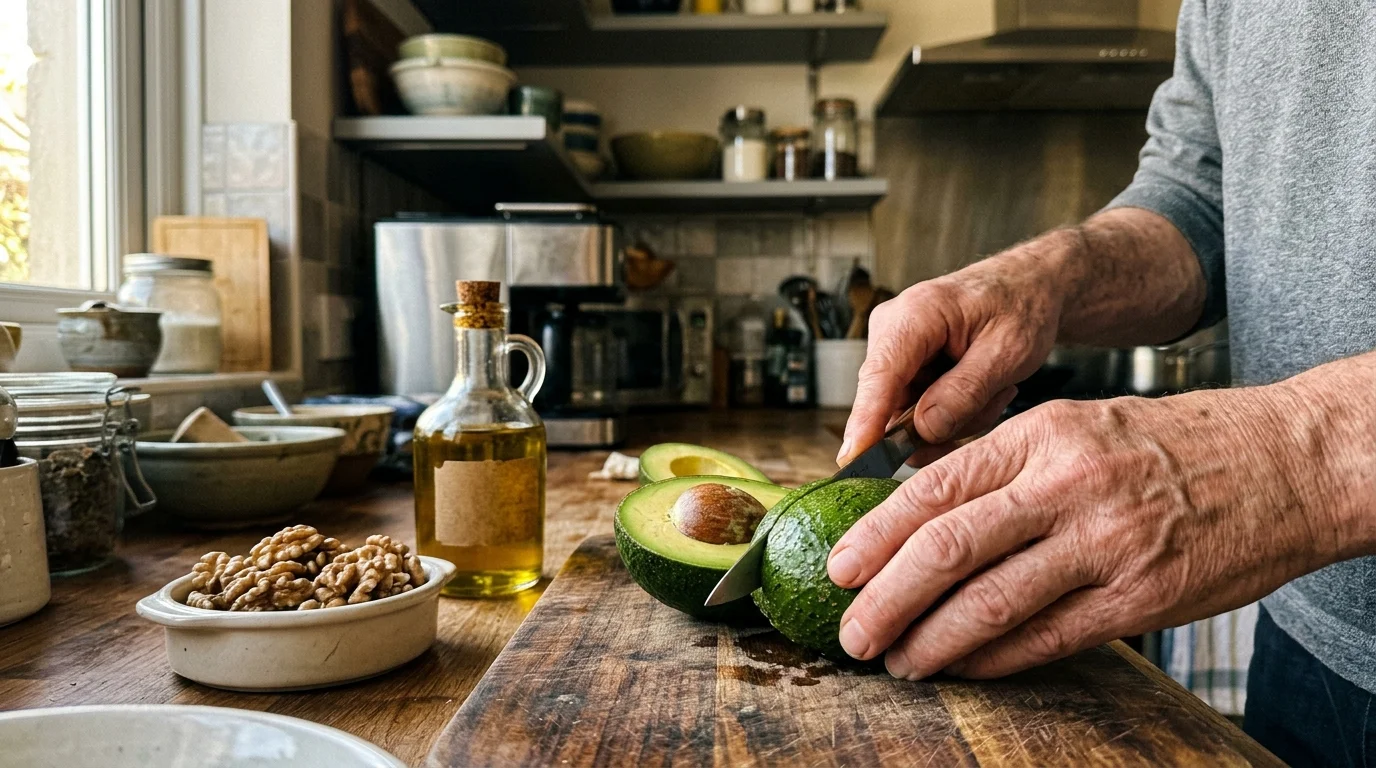 A close-up photograph of a person slicing a fresh avocado on a wooden board next to olive oil and walnuts in a sunny home kitchen.