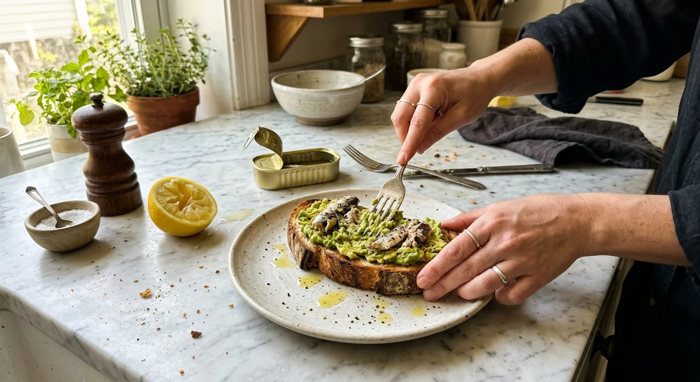 A close-up photograph of hands mashing sardines and avocado onto sourdough toast in a bright home kitchen.