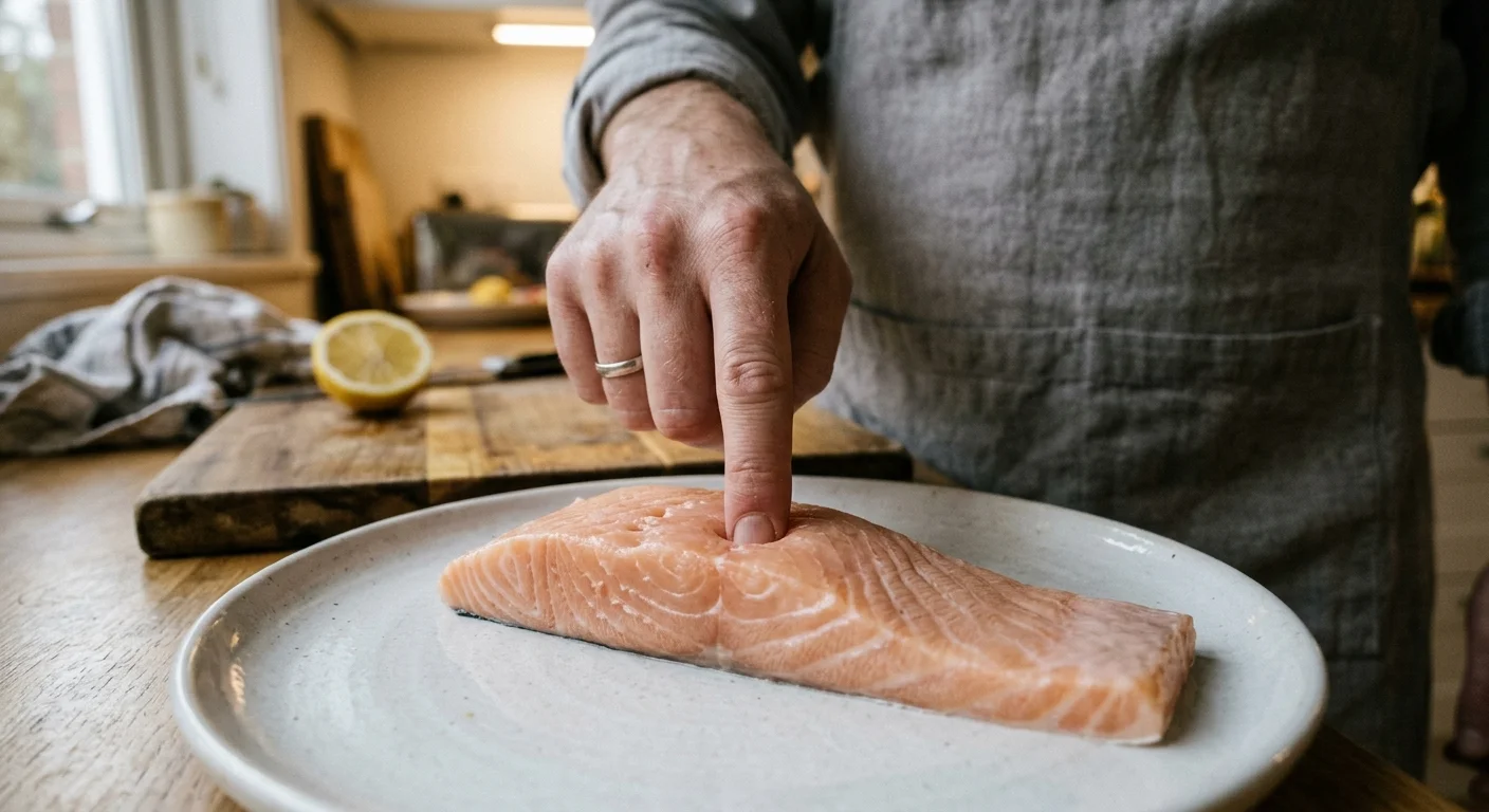 A close-up shot of a finger pressing into a raw salmon fillet, leaving a deep indentation that demonstrates lost elasticity.