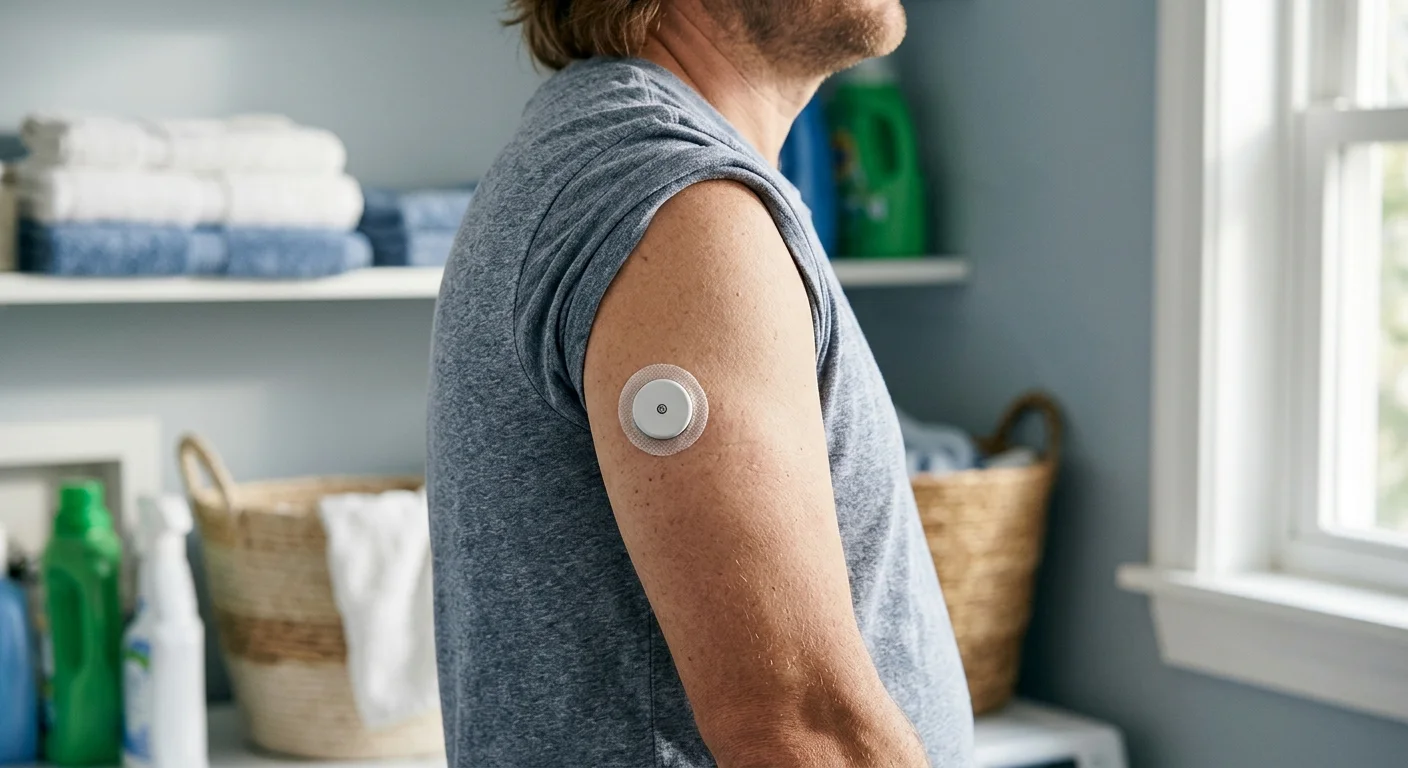 A close-up snapshot of a white continuous glucose monitor patch on a person's upper arm in a brightly lit laundry room.