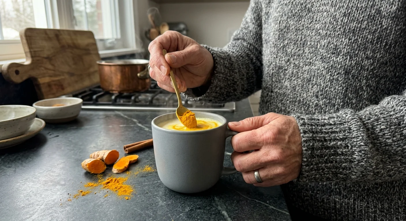 A close-up snapshot of weathered hands stirring vibrant orange turmeric powder into a mug of steaming milk on a dark kitchen counter.