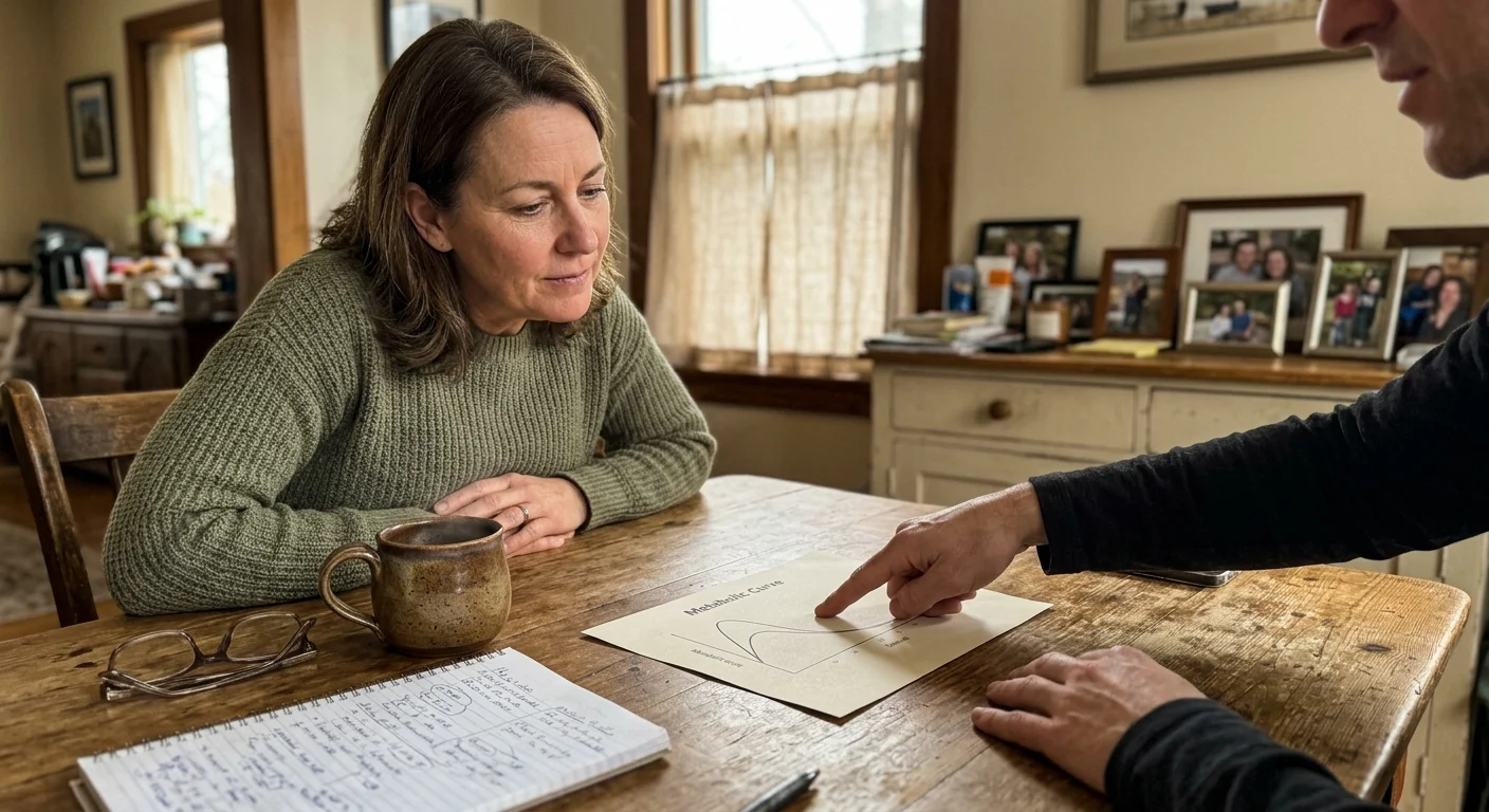 A comfortable, candid home consultation where a health advisor and an adult review metabolic charts over a warm drink.