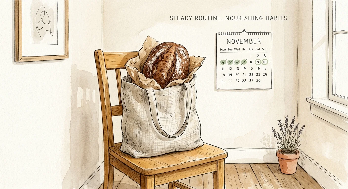 A cozy watercolor illustration of a canvas tote bag with whole grain bread on a chair next to a marked wall calendar.
