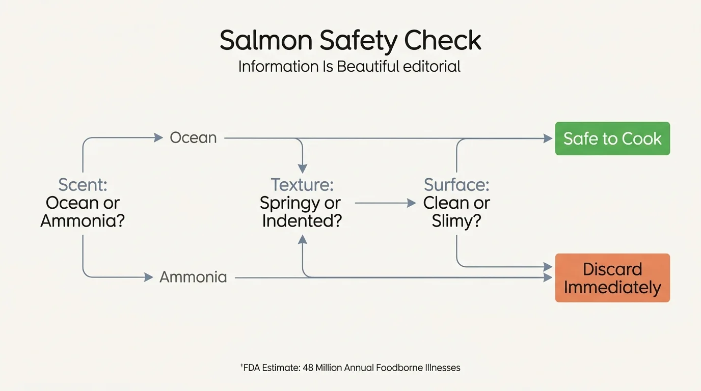 A decision-tree flow chart helping readers decide if salmon is safe to cook based on scent, texture, and appearance checkpoints.