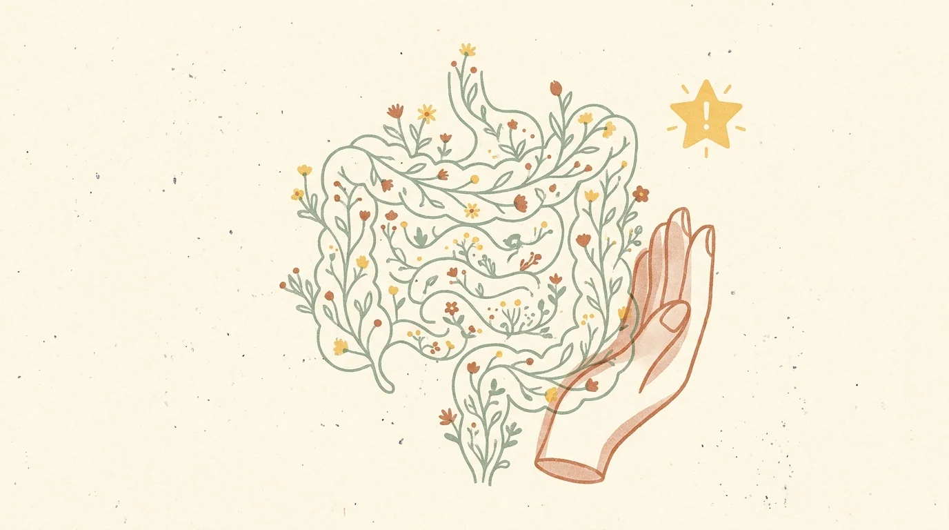 A delicate risograph illustration of a botanical gut microbiome protected by a hand, symbolizing digestive safety and caution.