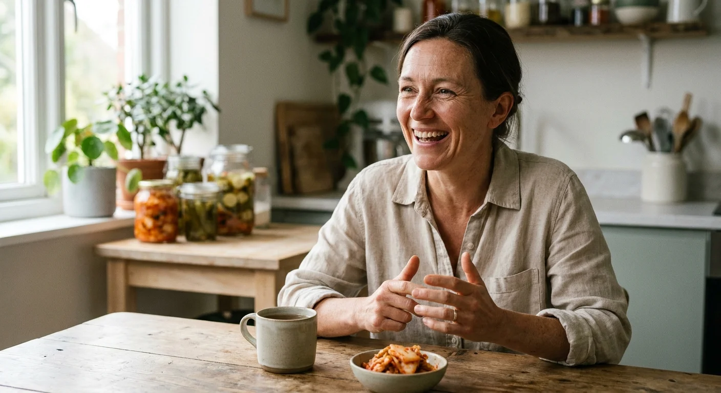 A female nutritionist speaking warmly in a sunlit home kitchen with a bowl of fresh kimchi on the table.