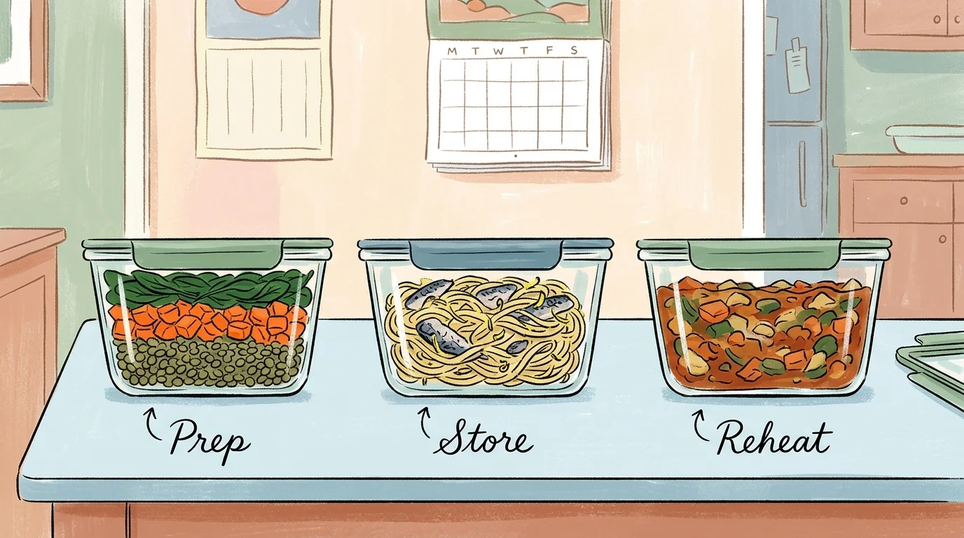 A gouache illustration of three glass meal prep containers filled with healthy lentil and pasta dishes, labeled prep, store, and reheat.