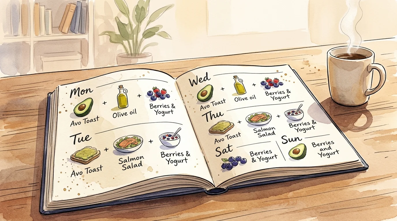 A hand-painted watercolor illustration of an open weekly planner featuring meal prep sketches of avocados, olive oil, and fresh berries.