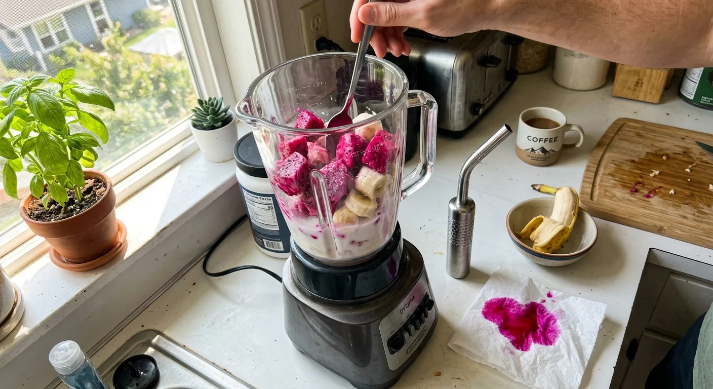 A high-angle photo of a blender jar filled with pink dragon fruit and banana slices on a real kitchen counter during morning prep.