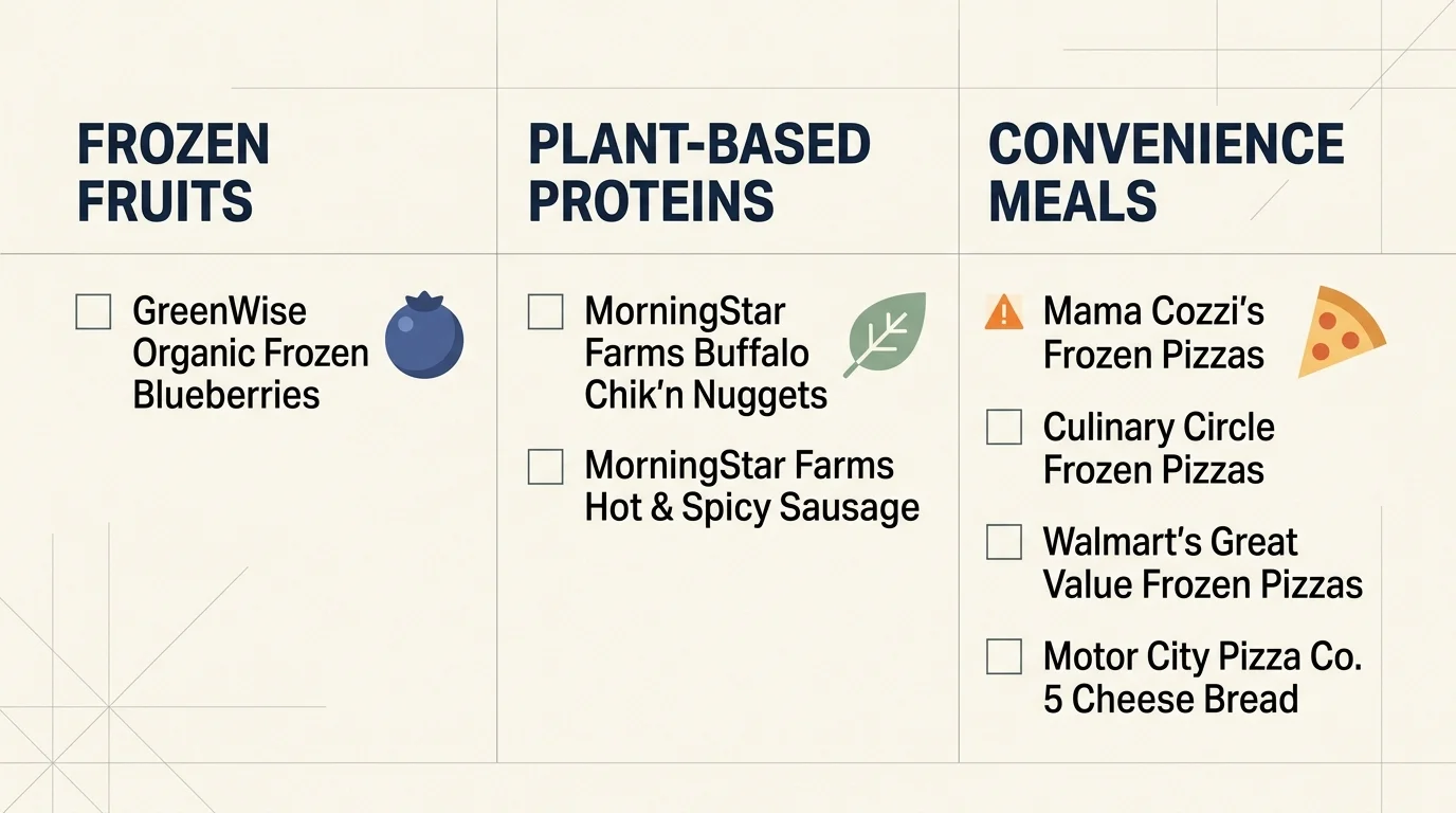 A horizontal horizontal grid infographic listing recalled products by category: frozen fruits, plant-based proteins, and convenience meals.