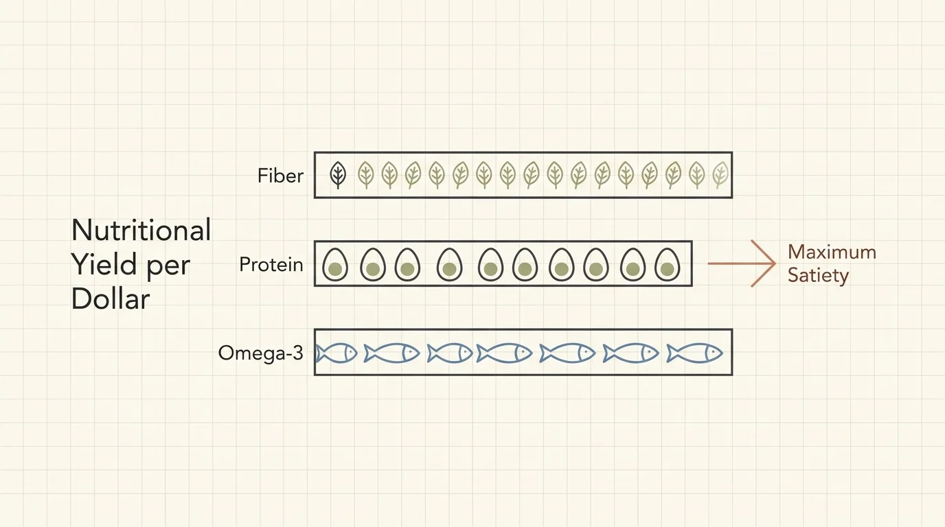 A horizontal infographic diagram displaying nutritional yield metrics for fiber, protein, and omega-3 using clean, simple icons.