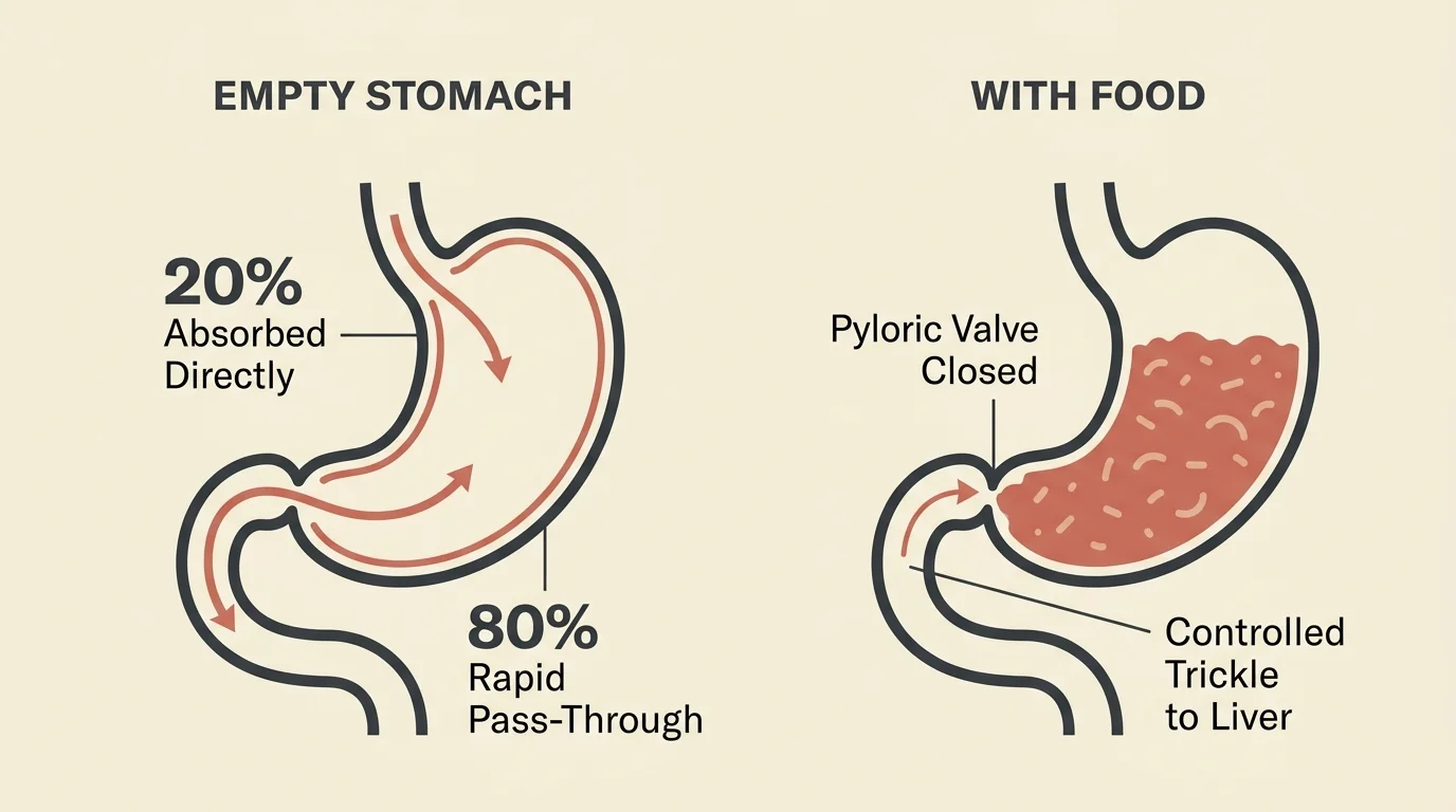 A horizontal scientific diagram contrasting rapid alcohol absorption in an empty stomach versus slowed absorption when food is present.