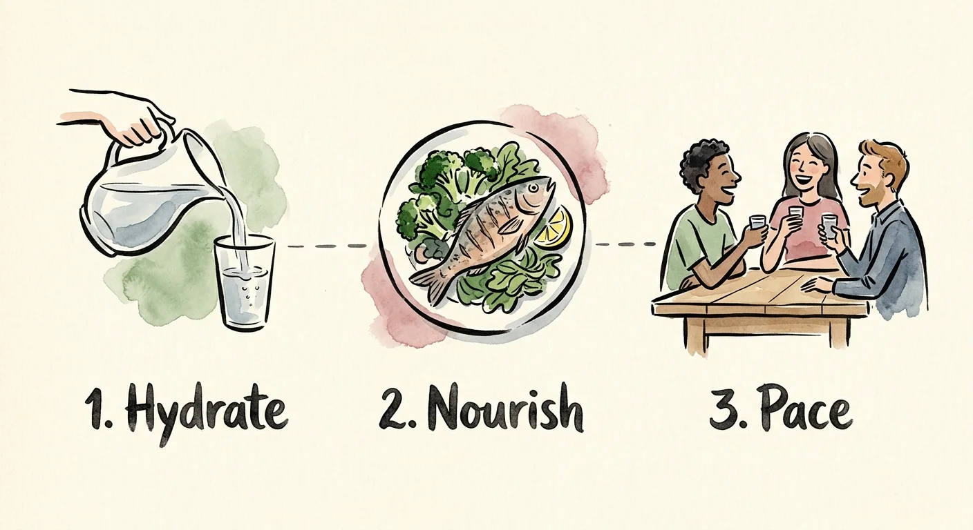 A horizontal watercolor and ink illustration outlining a three-step pre-drinking routine: hydrate, nourish, and pace.