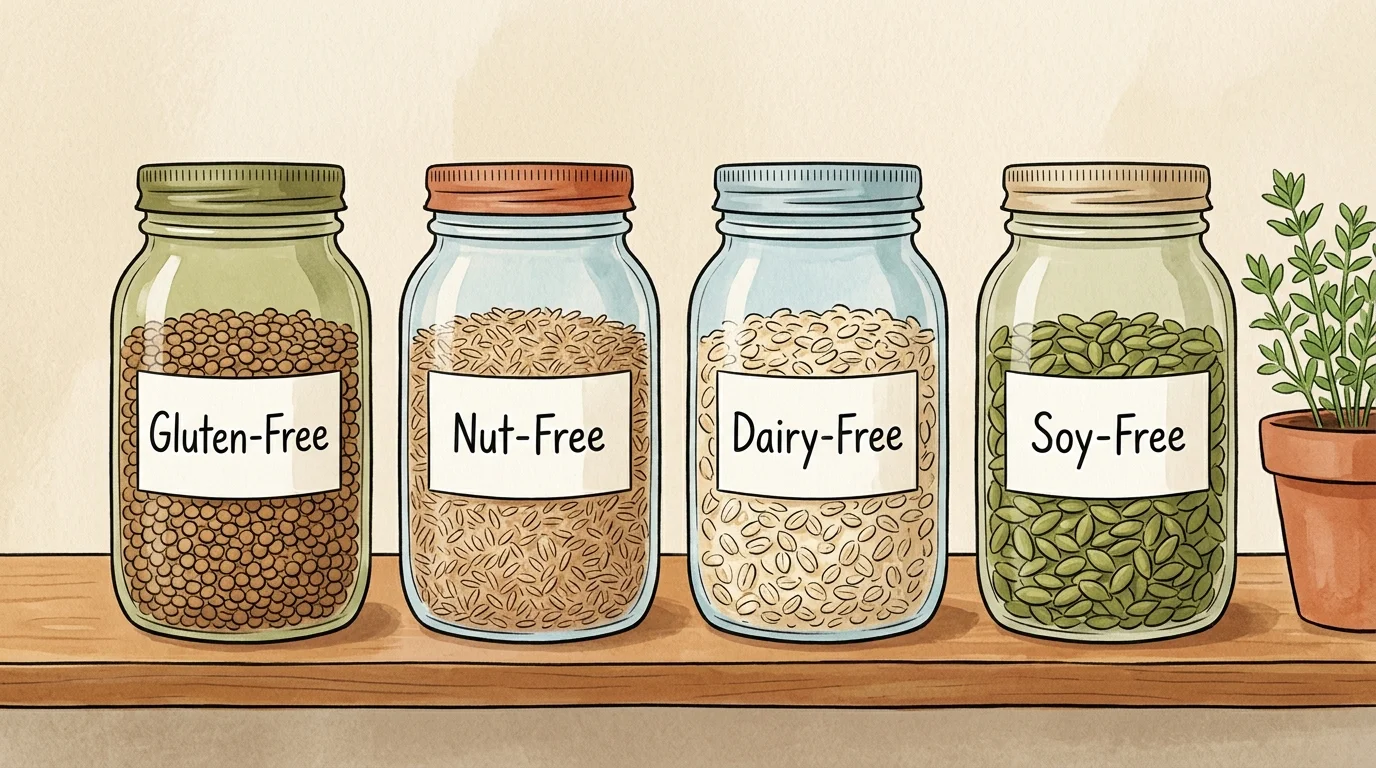 A mid-century gouache illustration of glass pantry jars labeled gluten-free, nut-free, dairy-free, and soy-free on a wooden shelf.